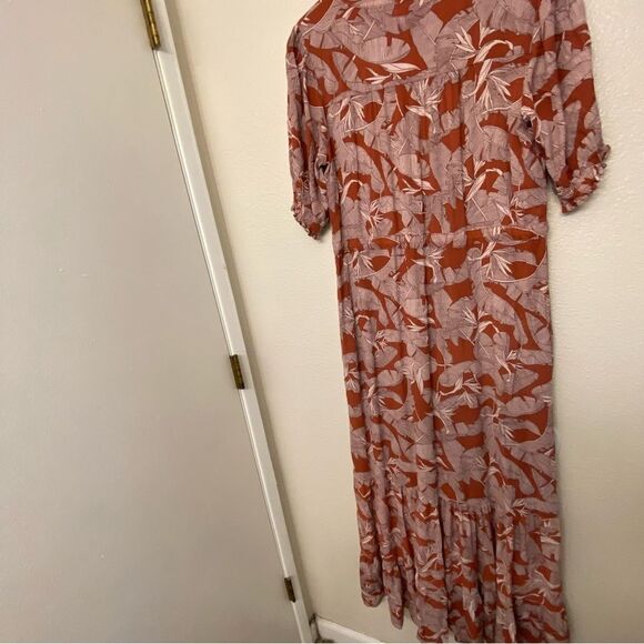 Knox Rose long maxi boho button front tassel tropical red short sleeve dress M - Picture 2 of 12